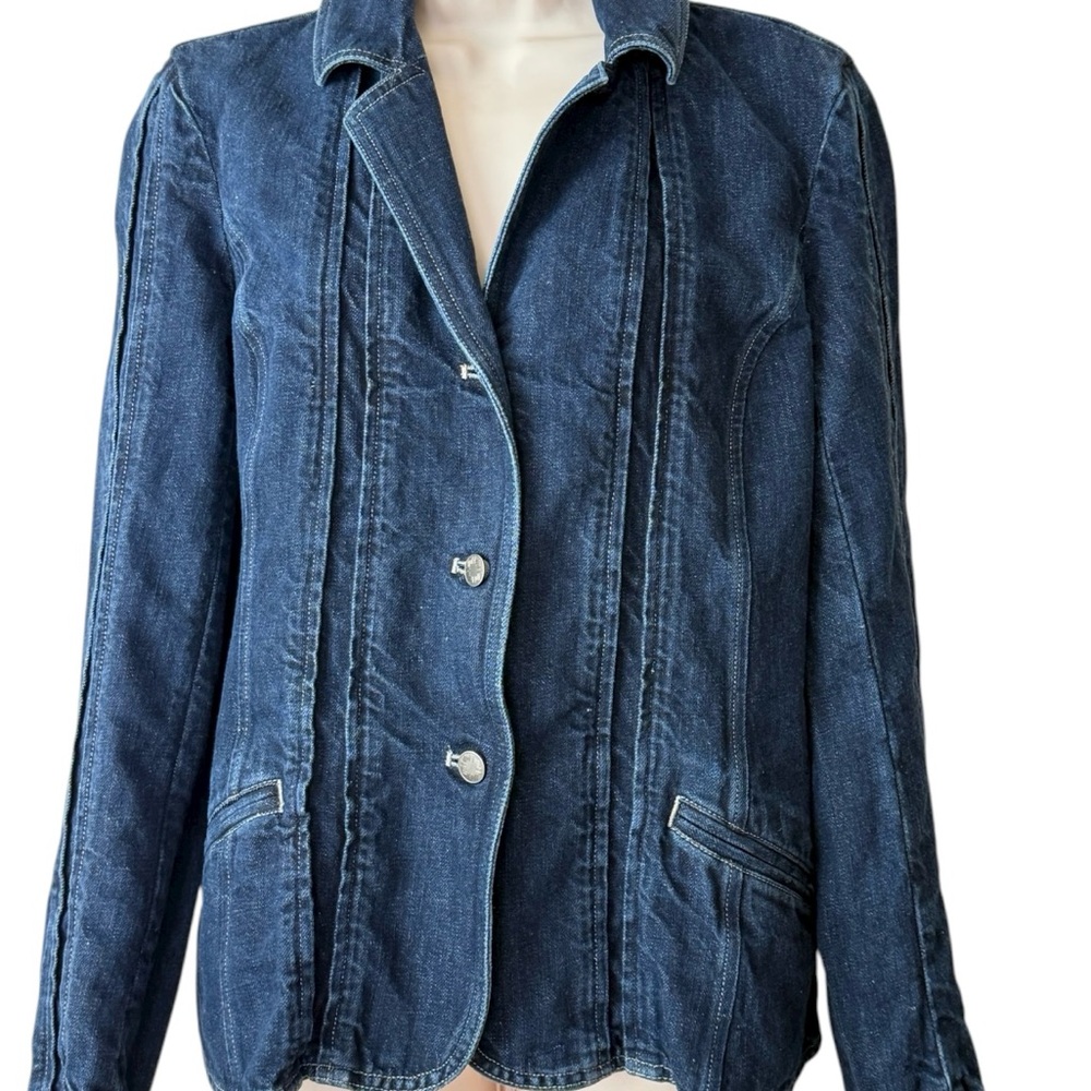 J. Jill Womens Denim Blazer Size 6 Dark Blue Linen‎ Blend Three Button Jacket
